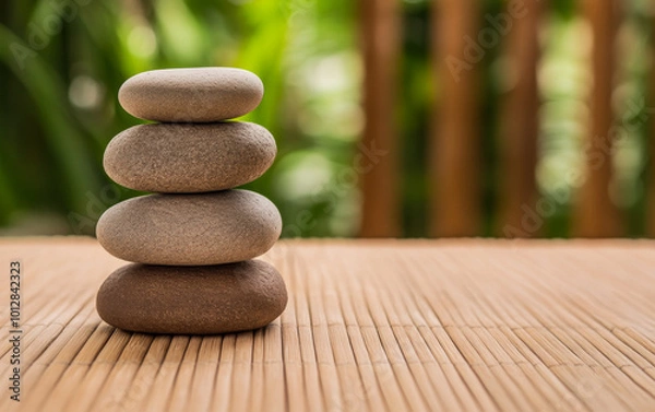 Fototapeta Balanced stones stacked on a bamboo mat in a serene indoor garden setting