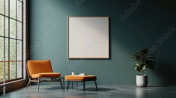 Fototapeta Modern living room with orange furniture, plants, and empty wall frame.