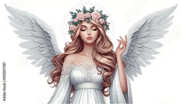 Fototapeta Illustration of serene angelic figure with floral crown and wings in soft tones