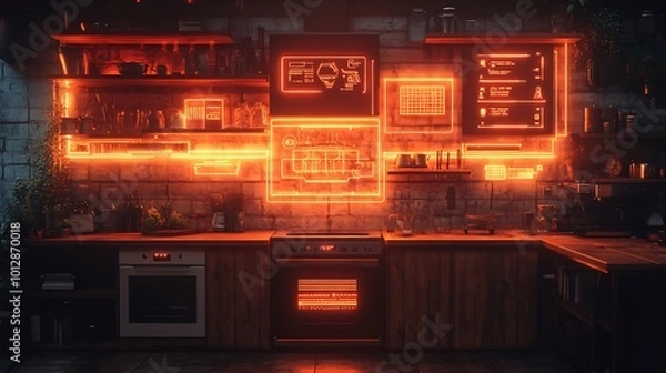 Fototapeta Futuristic food technology concept AIpowered kitchen appliances smart devices seamless connectivity