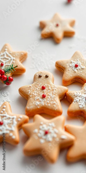 Fototapeta A plate of various gingerbread cookies, including a gingerbread man, stars, and other holiday-themed shapes
