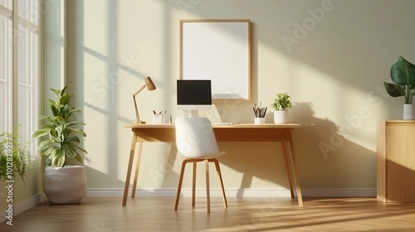 Fototapeta Modern office workspace with desk, computer, and green plants in natural light.