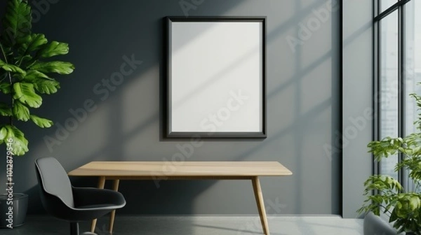 Fototapeta Modern workspace featuring a minimalist desk, chair, and large window with natural light.
