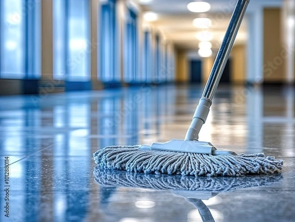 Fototapeta Pristine Mop Close-Up: A Stunning Poster for Stylish Interiors, Capturing the Essence of Cleanliness in a Spacious Hallway with Reflective Floors and Modern Lighting