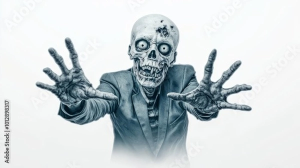 Fototapeta Spooky skeleton wearing formal attire reaching out with both hands in a terrifying gesture on a white background.