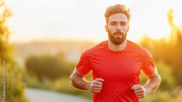 Fototapeta healthy concept: A determined man with a beard runs towards the sunset in a red t-shirt, his silhouette framed by the golden rays. The image conveys a sense of ambition, perseverance.