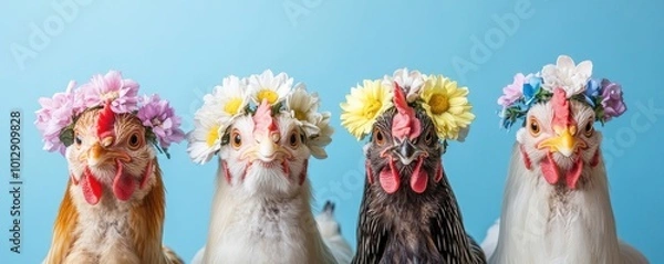 Obraz Four chickens wearing flower crowns with blur nature background
