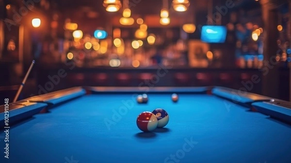 Fototapeta A close-up of a billiard table with colorful balls in a dimly lit bar setting.