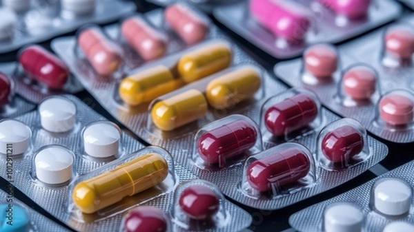 Fototapeta A close-up view of various colorful capsules and tablets arranged in packaging, highlighting pharmaceutical products.
