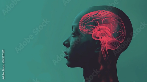 Fototapeta A silhouette of a human head showcasing a vibrant brain illustration against a teal background in a conceptual representation of cognition