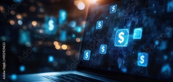 Fototapeta Laptop screen displaying digital currency symbols.