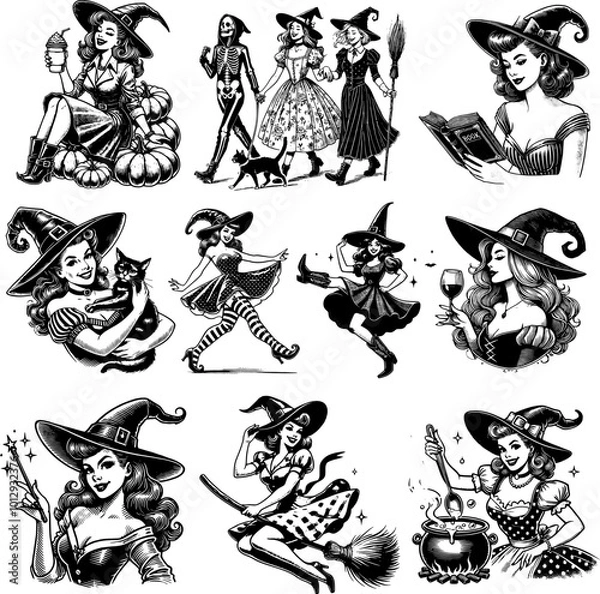 Fototapeta A vector clipart set featuring a witches. This fun and whimsical collection is perfect for Halloween projects, party decorations, invitations, and spooky-themed designs.