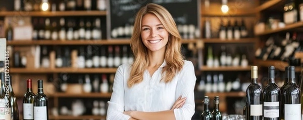 Fototapeta Confident woman smiles at the camera in a wine shop, surrounded by shelves filled with a variety of wine bottles.