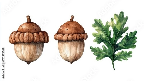 Fototapeta Watecolor set of Oak Tree Branch on color background,Thanksgiving card,leaves,Green Leaves,Acorns,autumn fruits,nuts,Colorful autumn collection,Hand drawn illustration.