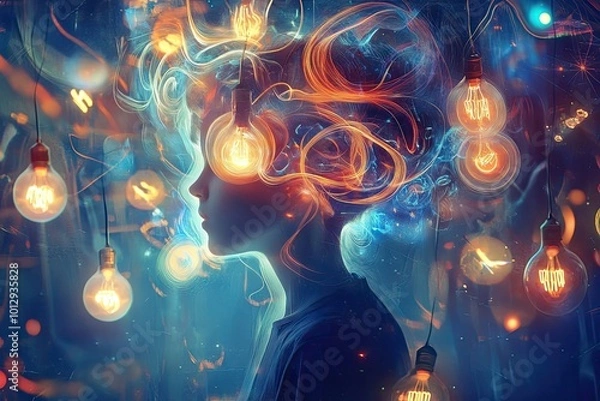 Fototapeta A Person's Silhouette Surrounded by Abstract Lightbulb and Swirling Lights
