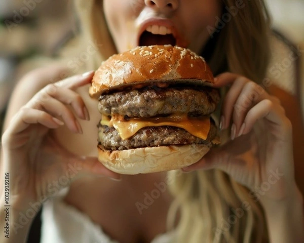 Fototapeta A juicy double cheeseburger. AI.