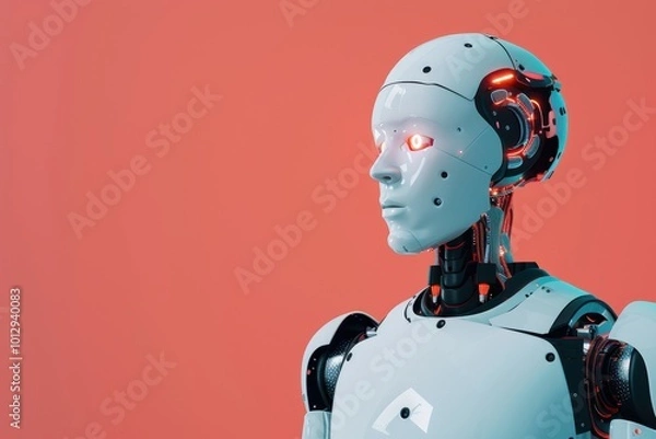 Fototapeta futuristic humanoid robot with glowing red eyes and exposed mechanical components, standing against a pink background.