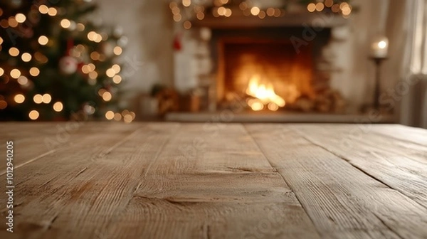 Obraz  Christmas Product Placement Scene with Fireplace and Bokeh Lights