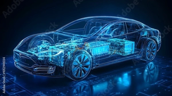 Fototapeta An illustration of an electric car lithium battery pack with power connections, showcasing the core of modern automotive technology in vibrant blue tones