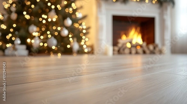 Fototapeta  Christmas Product Placement Scene with Fireplace and Bokeh Lights