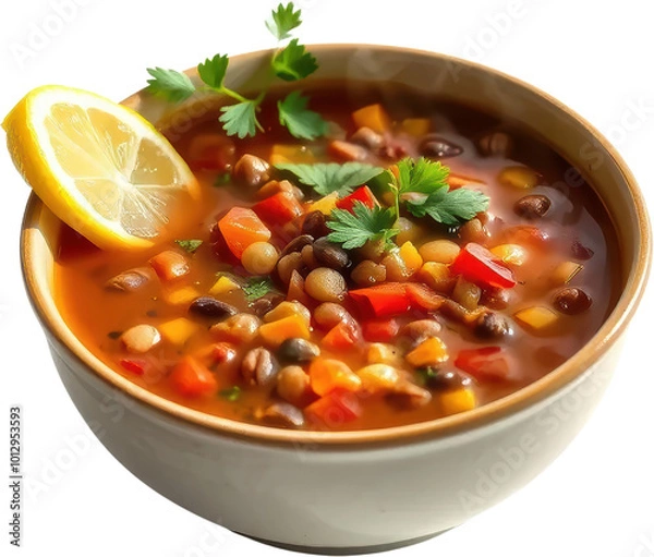 Obraz Hearty Vegetable Soup with Lemon Garnish