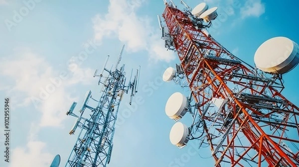 Fototapeta Antenna tower of telecommunication featuring TV and wireless internet antennas along with a phone base station