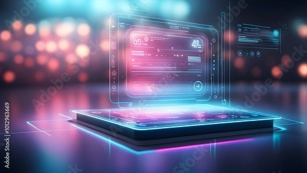 Fototapeta Futuristic digital interface with glowing elements and data displays.