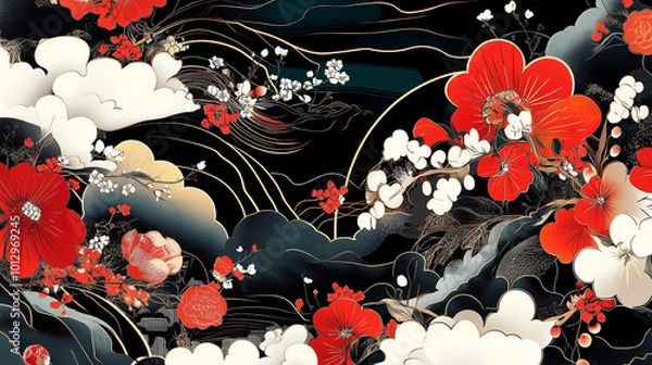Fototapeta 紅白の花と金色の雲が彩る和風デザイン - 華やかな日本伝統アートイラスト