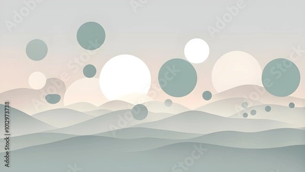 Fototapeta A serene abstract landscape with soft hills and floating circles in pastel colors.