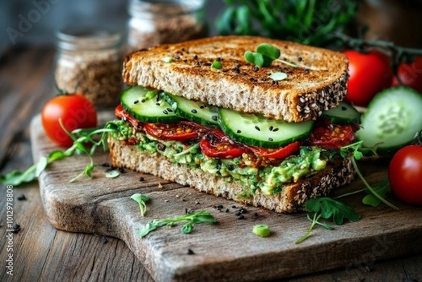 Fototapeta Fresh vegetable sandwich on a wooden board. Colorful ingredients create a beautiful dish. Ideal for healthy meals at home or cafes. Delicious and nutritious treat. Generative AI