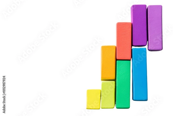 Fototapeta Colorful wooden blocks arranged in a staircase pattern on a white background.