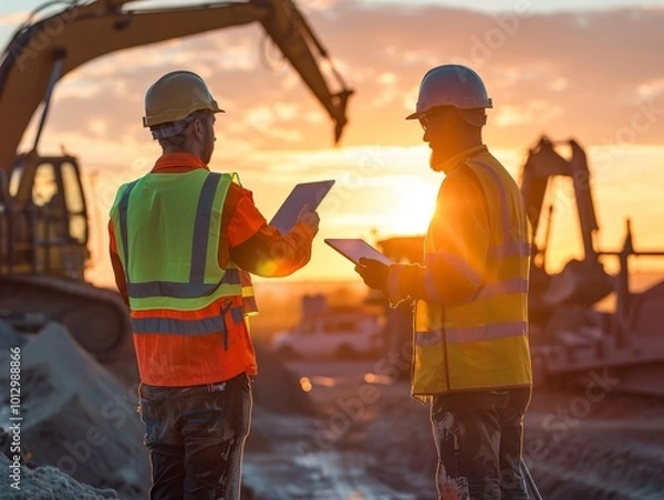 Obraz Construction Workers Discussing Plans at Sunset