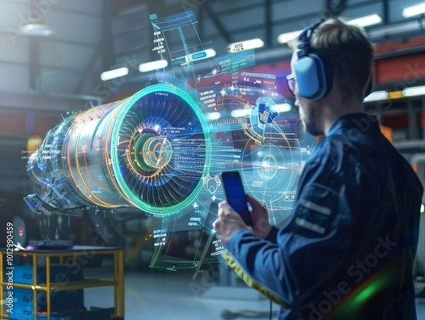 Obraz Technician Examining Jet Engine with Augmented Reality