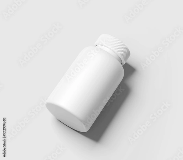 Fototapeta Realistic White Supplement Bottle Mockup, Plastic Bottle Mockup, Vitamins, Supplements, Food, Medicine, Cosmetics, Isolated on Light Background, 3D Rendered, Illustration
