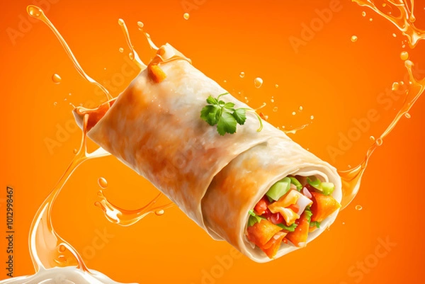 Obraz illustration of Traditional Chinese Spring Roll and liquid splashing on the Orange background.