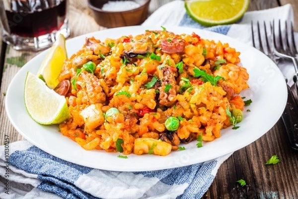 Obraz Paella z owocami morza i kiełbaskami chorizo