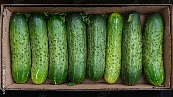 Fototapeta Fresh cucumbers arranged in a neat row inside a cardboard box. The green vegetables, slightly glossy and covered in small bumps, highlight farm-fresh produce. Perfect for food, farming, and vegetable