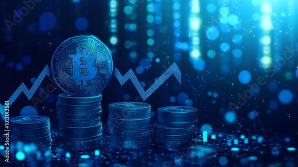 Obraz A blue dollar coin and stacks of money grow with arrows pointing upwards, set against a tech background. This image represents increasing profits and revenue.low poly wireframe.