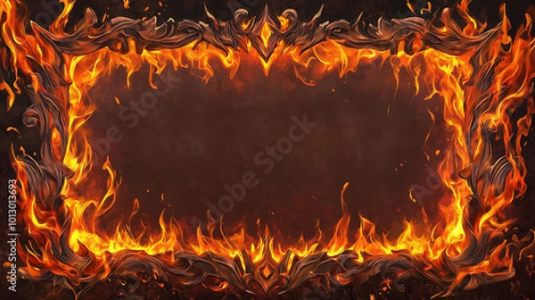 Fototapeta Ornate flaming wooden frame with intense fire