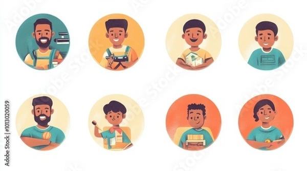 Obraz a set of illustrated avatars in circular frames showcasing diverse fathers. One father wears a tool belt fixing a broken chair