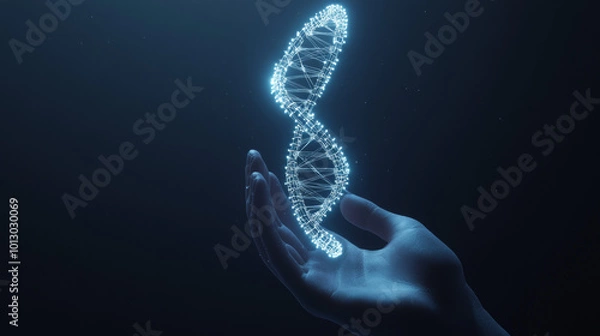 Obraz A digital hand holds a glowing, wireframe model of a DNA helix, representing the future of medical science.low poly wireframe.