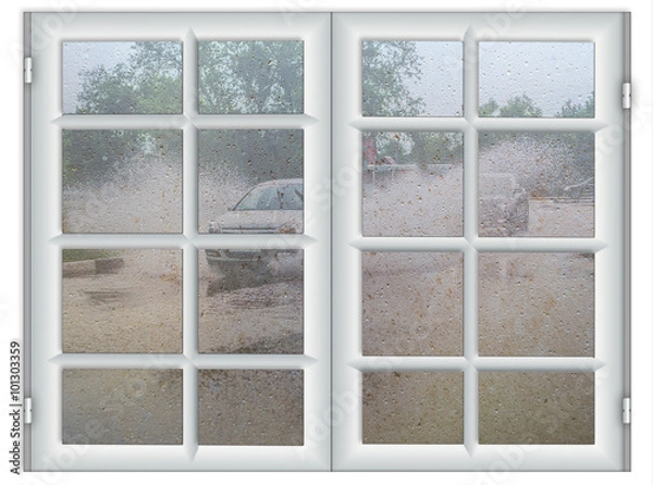 Fototapeta Closed window with curtains  rainy autumn weather