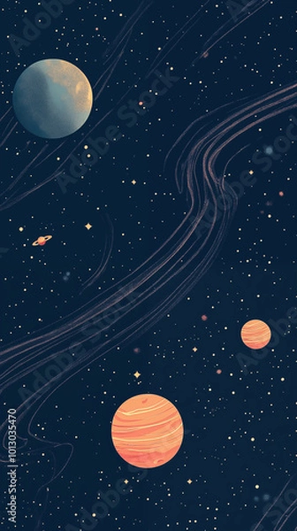 Obraz Serene Cosmic Scene with a Majestic Blue Planet, Ringed Moon, and Swirling Nebulae