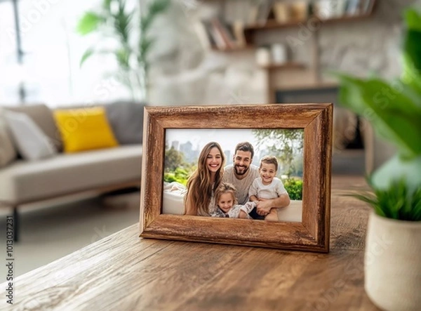 Fototapeta Family photo in a wooden frame on a table against a living room background with books and a sofa