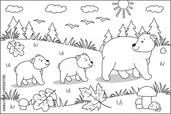Fototapeta Bear mom and her two cubs are going to their den in autumn coloring page activity
