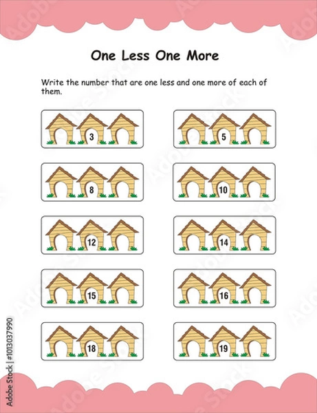 Fototapeta Number puzzle for kids, Number one less and one more. Greater, less or equal to game. Worksheet for preschool kids, activity sheet, Missing number.