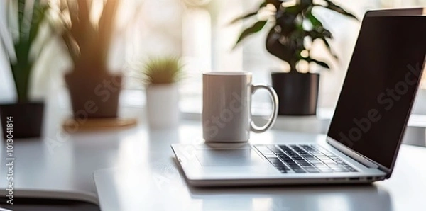 Fototapeta Minimalist white office desk with laptop and coffee mug on a blurred background, with space for text, representing the concept of working from home
