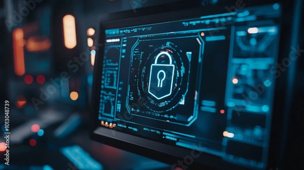 Obraz Monitoring cybersecurity threats on a digital screen in a tech-focused environment at night