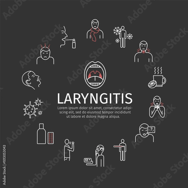 Fototapeta Laryngitis. Symptoms, Treatment. Line Icons set. Vector graphics for web use.