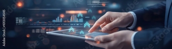 Fototapeta Close-up of a businessman reviewing financial reports on a digital tablet, with virtual data analytics and graphs representing business performance and analysis.